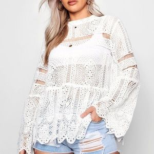 < BOOHOO > white lace peplum bell sleeve top